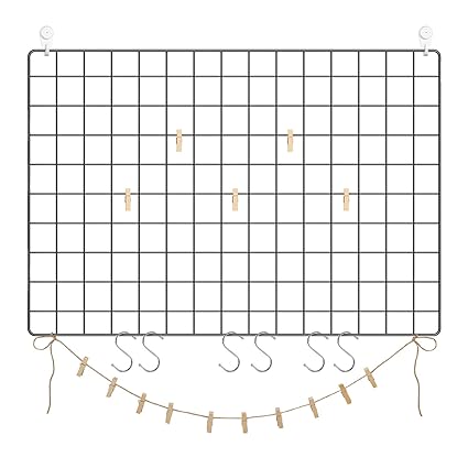 SONGMICS Grid Photo Wall, Set of 2, 25.6" x 17.7", Photo Display Wall, Metal Mesh Wall Decor, Multifunctional Hanging Picture Wall, DIY, S Hook, Clips, Hemp Cord, Black ULPP02H