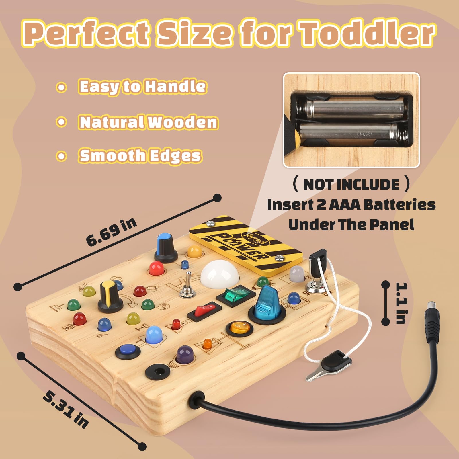 Joyreal Montessori Busy Board Wooden Sensory Toys for Toddler with LED Light Up Switch, Baby Fidget Board Travel Toys for 18+ Months, Boys Girls Birthday, Medium