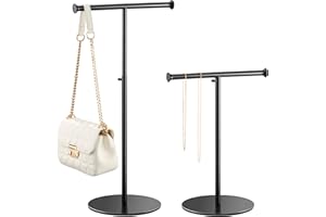 niffgaff 2 Pack T Bar Purse Display Stand Tabletop: Adjustable Height Handbag Holder, Countertop Hanging Rack for Long Necklace Scarf Lanyard, Black
