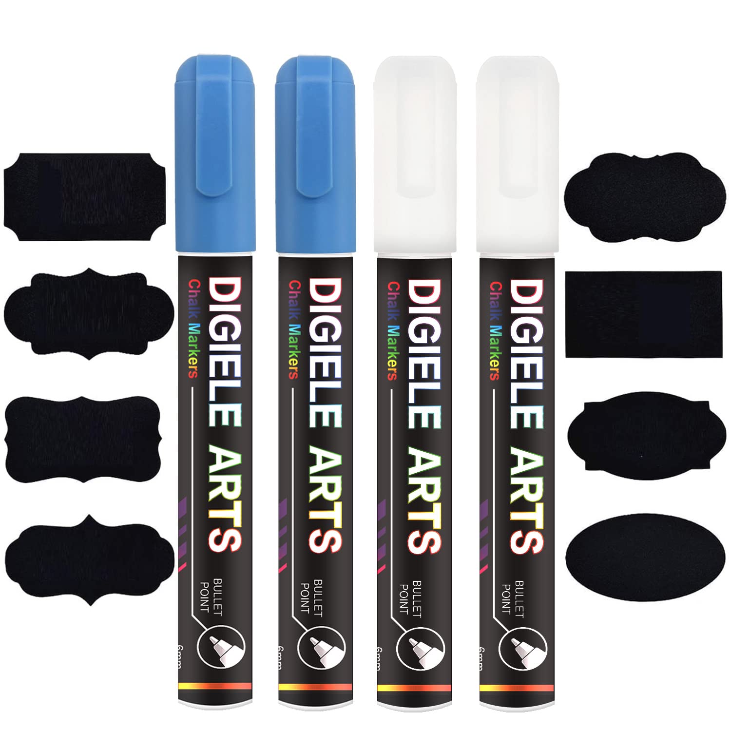 Liquid Chalk Marker Pens White + Blue, DIGIELE 2pcs White Chalk Pens + 2pcs Blue Markers, 6mm Dry or Wet Wipe Erase, Thin & Medium Reversible Bullet or Chisel Tip, 4 Pens & 16 Chalkboard Labels Packed — image 1