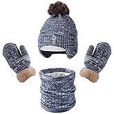 Kids Winter Hat Gloves Scarf Set for 2-14 Years Old Warm Fleece Lining