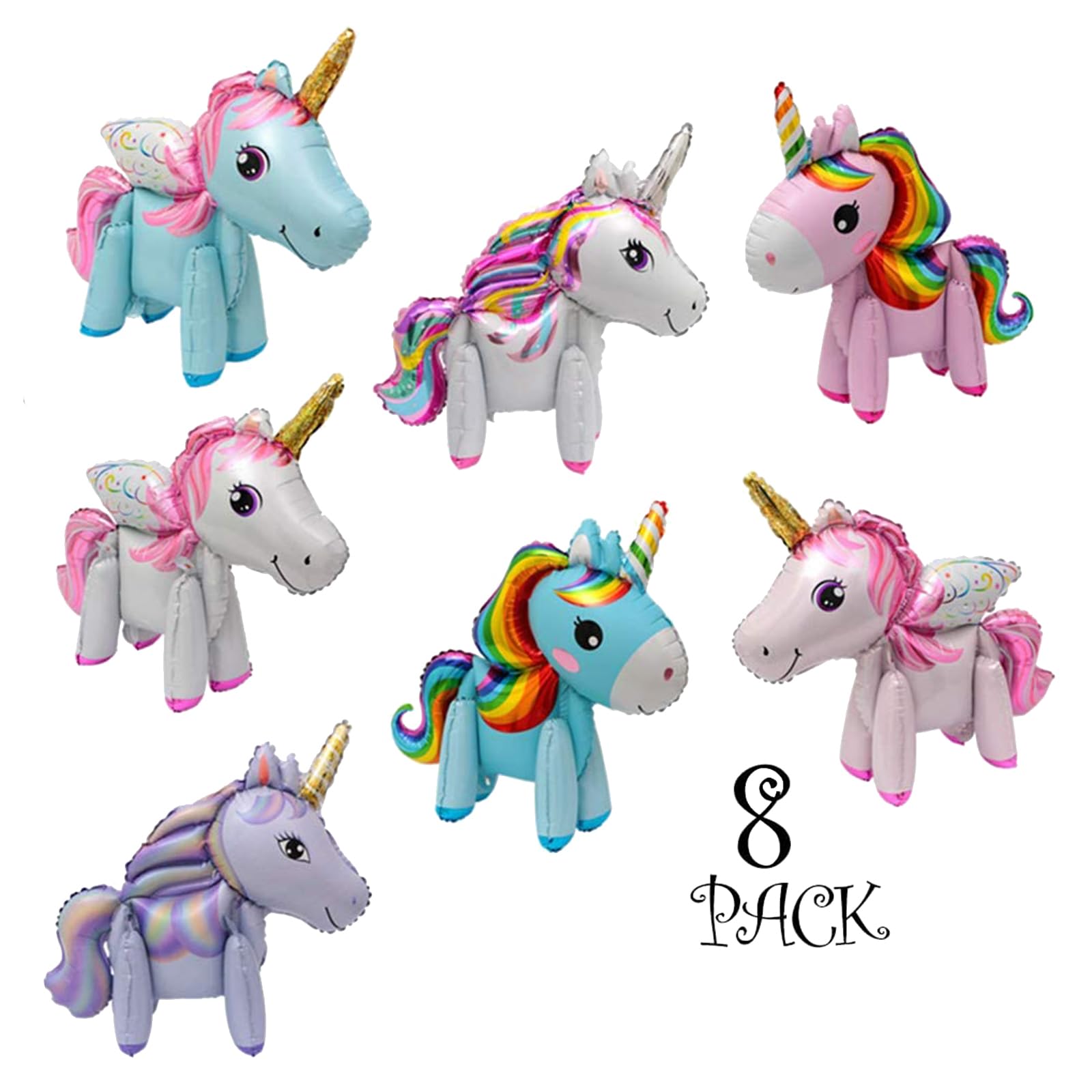 3D Unicorn Balloons for Birthday Party, Wedding, Baby Shower Decoration Supplies, Party Foil Balloon for Children Kids Gift (8 Pack)