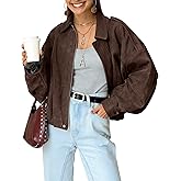 Kissonic Women's Oversized Jackets Faux Suede Bomber Jacket Lapel Pilot Cropped Casual Coat for Streetwear Outerwear