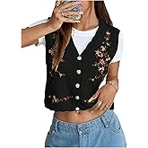 GORGLITTER Women's Flower Embroideried Boho Sweater Vest Sleeveless Fall Vintage Crochet Cardigan Khaki Small