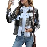 HWOKEFEIYU Fall Flannels for Women Cropped Shacket Jacket Plaid Long Sleeve Button Down Shirt 2025 Coat Tops