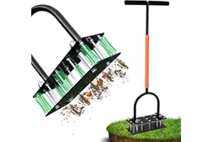 RIFPOD Lawn Aerator - Aerator Lawn Tool, Automatic Dirt and Leaf Clean Design, Heavy Duty Manual Lawn Aerator Tool with 15 Iron Spikes, Height Adjustable, Yard Grass Aerator for Lawn (Black with Orange)