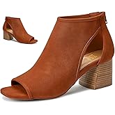 LEHOOR Women's Chunky High Heel Booties Suede Open Toe Side Cut-Out Ankle Boots Back Zipper 2' Block Stacked Heel Summer Casual Dress Heeled Ankle Sandal Booties Comfy Suede Brown Size 8
