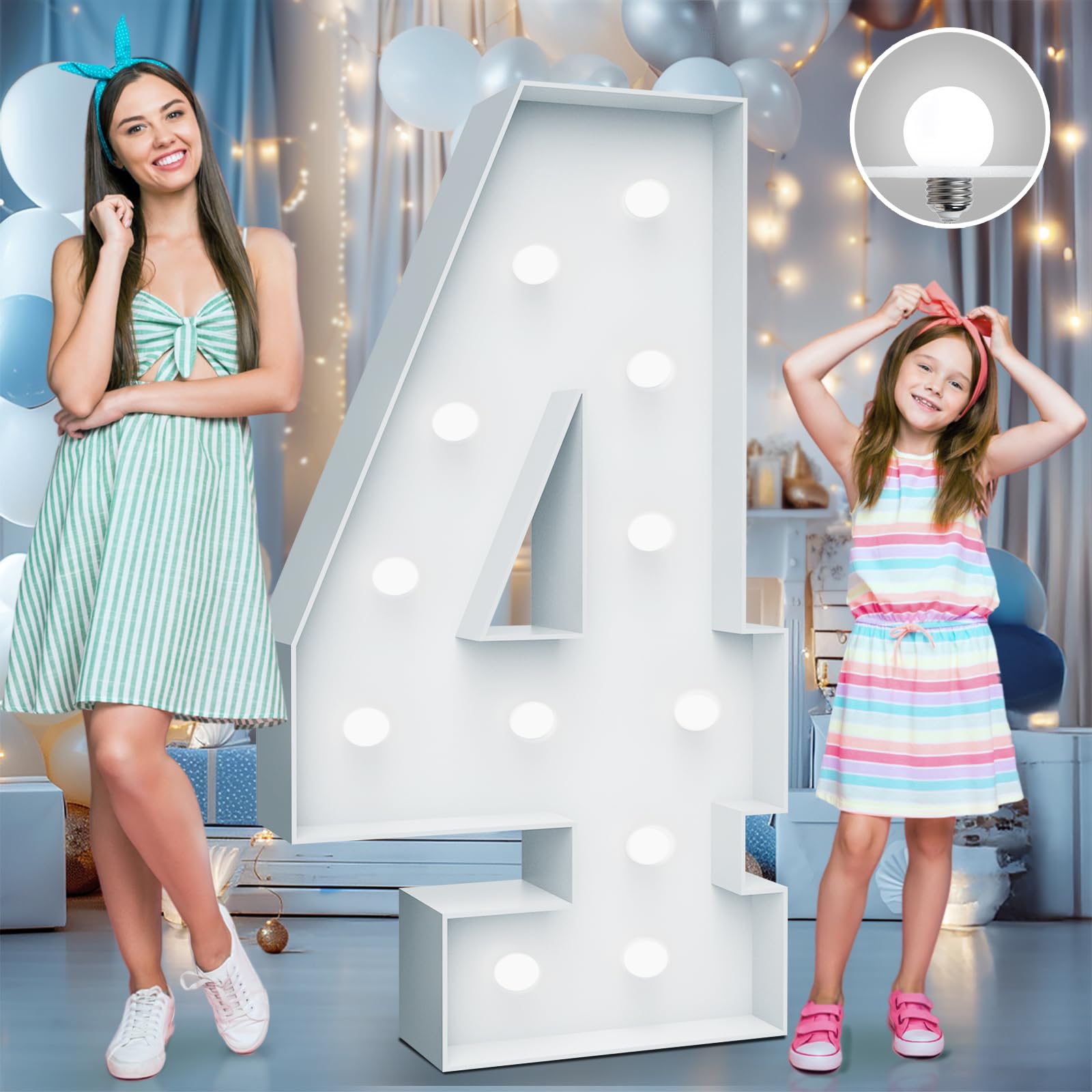 Photo 1 of 4FT Marquee Light Up Numbers - Cool White Light Up Numbers 4 with Fixed Water Bag, Party Decoration Large Marquee Light Up Numbers can Be Used for Wedding Decoration, Birthday Party Decoration