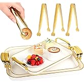 3 Pcs Serving Tray with Handles, Stackable Serving Platters with 3 Sugar Cube Tongs, 16.5/14.9/13.2 Inch Rectangle Food Trays, White Party Platters for Dinner, Cookie, Cake, Cheese and Fruit