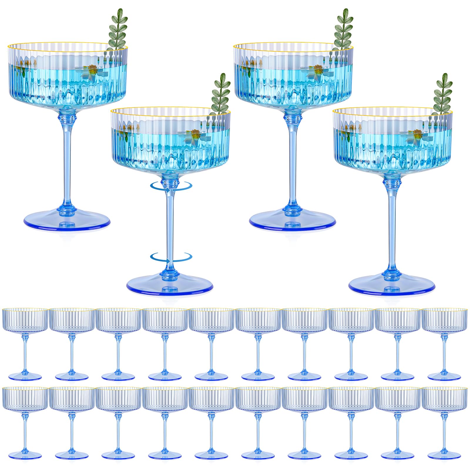Photo 1 of HKSZEH 24 PCS Plastic Champagne Coupe Cup Ocean Blue Ribbed Coupe Glasses 10oz Detachable Gold Rim Espresso Martini Glass Vintage Margarita Glassware Cocktail Glass Set for Baby Shower Hanukkah