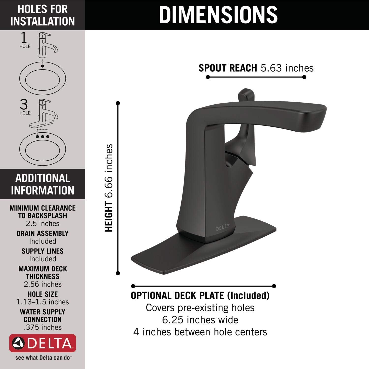 Delta Faucet Vesna Matte Black Bathroom Faucet, Single Hole Bathroom Faucet, Single Handle Bathroom Faucet, Drain Assembly, Matte Black 15789LF-BL - - 