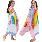 BANGSAUR Kids Hooded Beach Towels, 100% Cotton 50x30 inches Bath Pool Swiming Towel Wrap, Toddlers Girls 3-12 Years Coverup Rainbow Unicorn N
