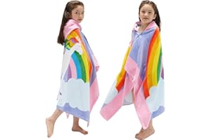 BANGSAUR Kids Hooded Beach Towels, 100% Cotton 50x30 inches Bath Pool Swiming Towel Wrap, Toddlers Girls 3-12 Years Coverup Rainbow Unicorn N