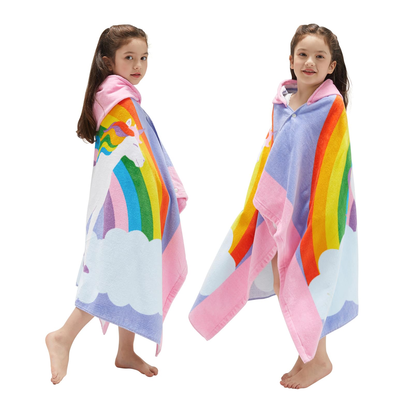 BANGSAUR Children's Hooded Bath Beach Towel, 100% Cotton 50"x30" Wrap, Kids Toddlers Girls Boys 3-12 Years Coverup(Rainbow Unicorn N)