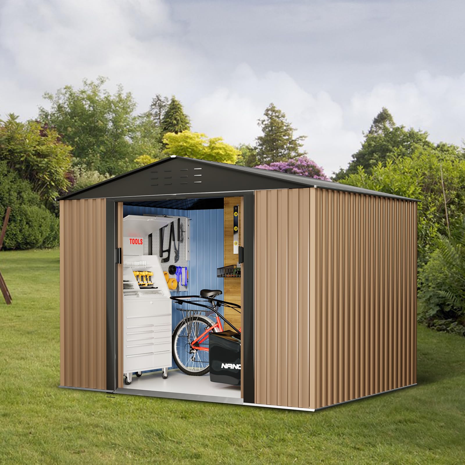 Photo 1 of *** PARTIAL SET - PARTS ONLY  *** 8FT x 6FT Sheds & Outdoor Storage, Metal Garden Shed, Outdoor Storage Shed, Metal Utility Tool Storage Shed with Door Lock, Waterproof Roofs, for Backyard Garden Patio Lawn, Brown