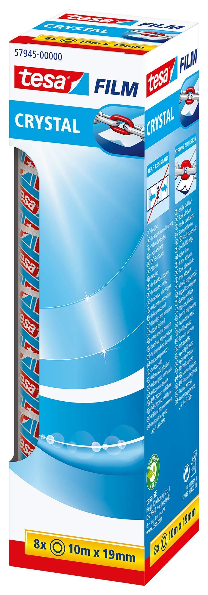 tesafilm Crystal Adhesive Tape For Office, Home and School, 8 Roll Tower , Clear, 10 m x 19 mm