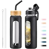 NOLOGLAZIC 24oz Glass Water Bottle with Straw and 2 Lids-Bamboo and Spout Lid, Borosilicate Glass Water Bottle with Silicone Sleeve and Time Marker,BPA Free & Cupholder Friendly,Black