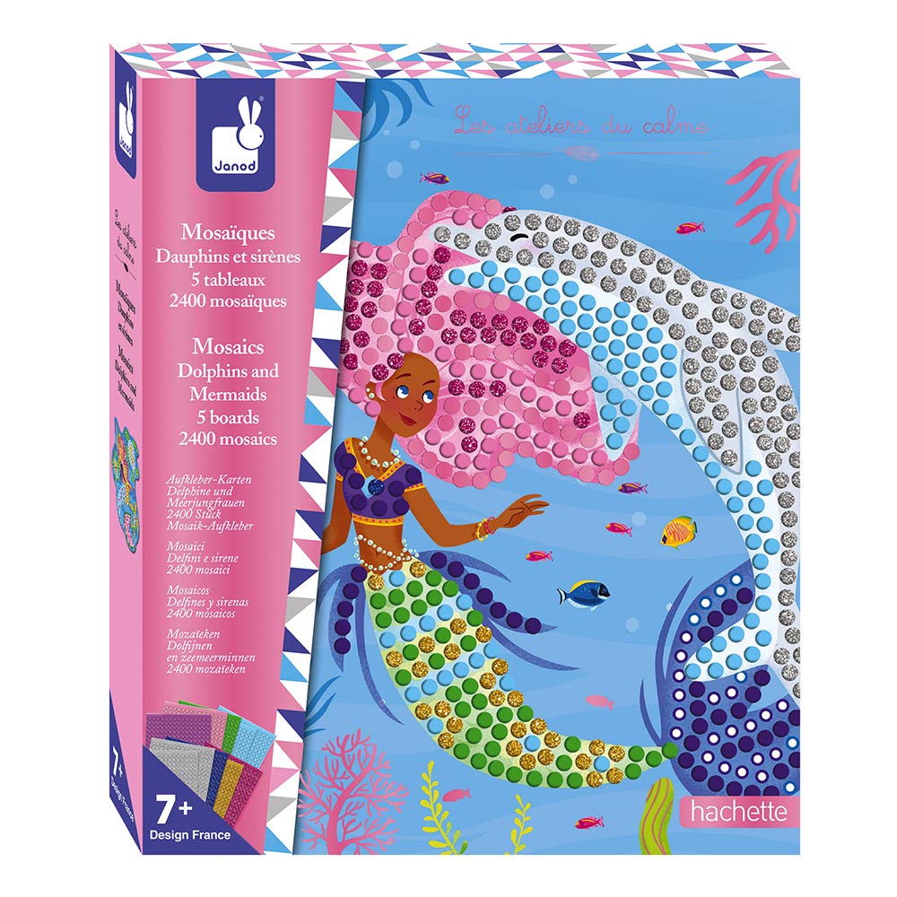 Janod - Dolphins and Mermaids Mosaics Set - Les Ateliers du Calme - Children’s Creative Leisure Kit - Develops Fine Motor Skills and Concentration - Suitable for ages 7 and up - J07961