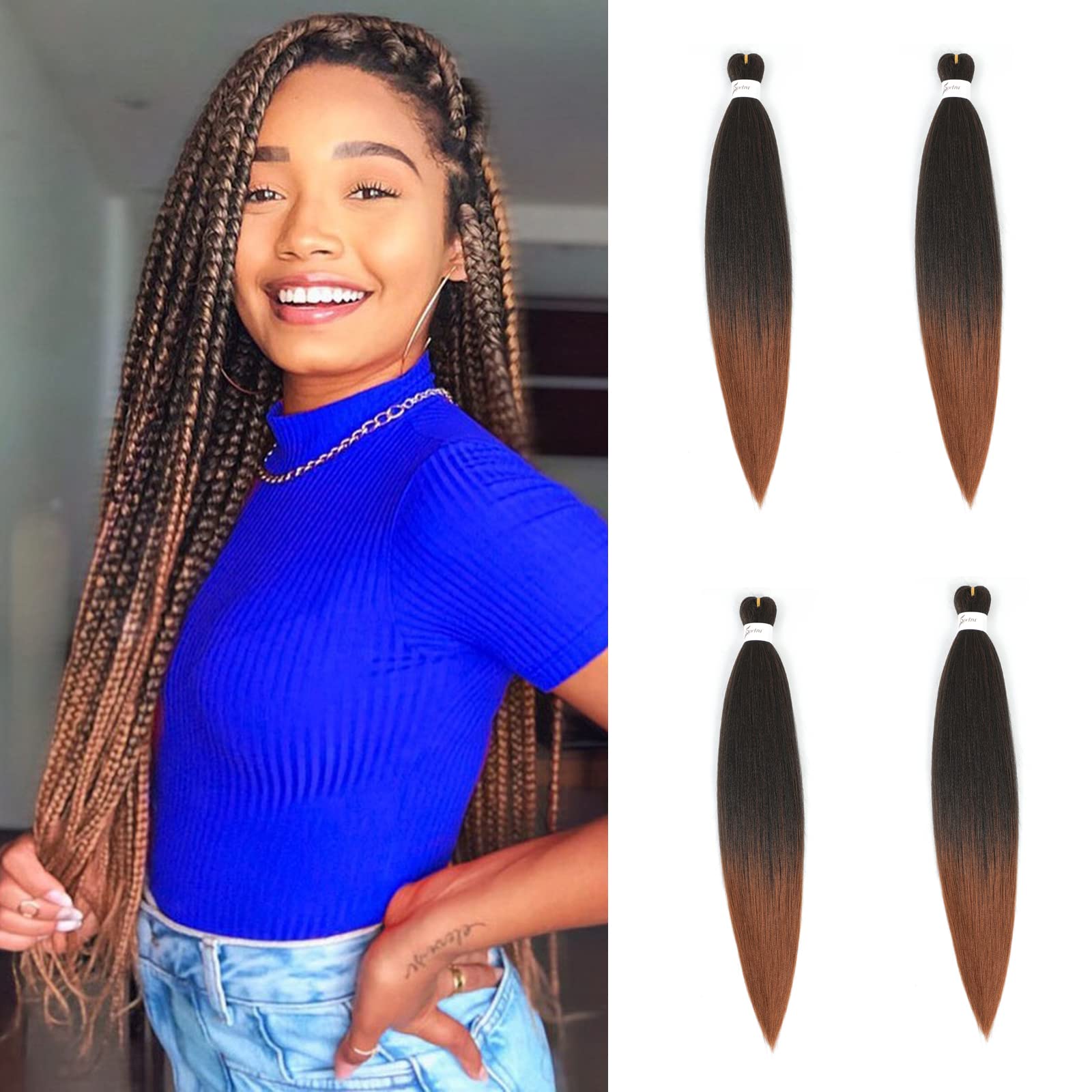 X-Tress Ombre 2 Tone Color Braiding Hair 4 Packs Spectra Braids 24" Pre-Stretched Braiding Hair Easy Braids Hairstyle Long Lasting Kinky Straight Hair Natural Looking Easy To Use(#T1B/30) โ image 1