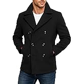Mens Peacoat Winter Wool Jacket - Double Breasted Wool Coat Black/Navy Blue