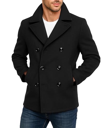 Men's Black Wool Coat - Double Breasted Winter Outerwer Wool