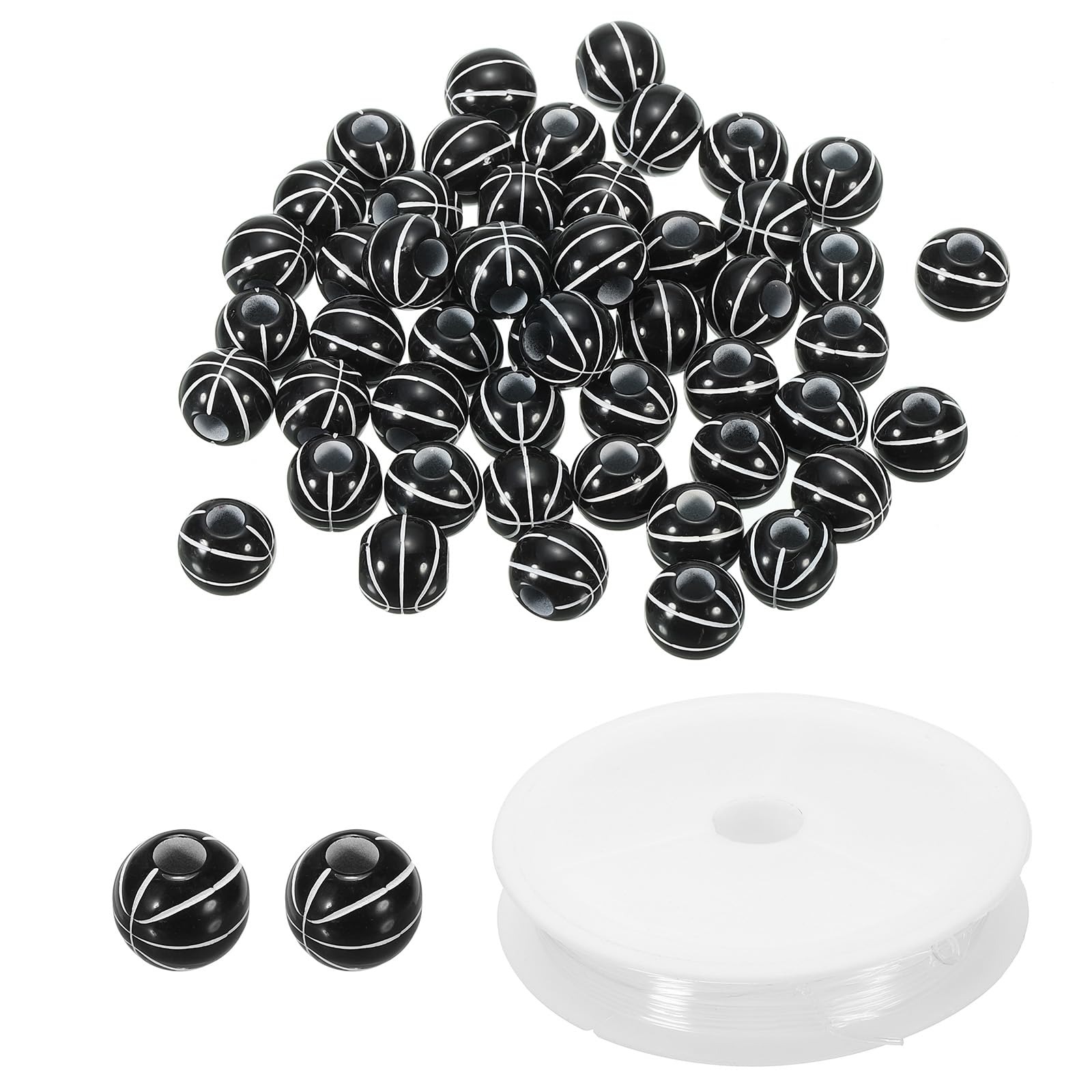 PATIKIL 10mm Acrylic Basketball Beads Bulk 100 Pack Sports Ball Beads Round Sports Spacer Beads with 4.4 Yard Elastic Rope for DIY Crafts Bracelet Necklace Making, Black