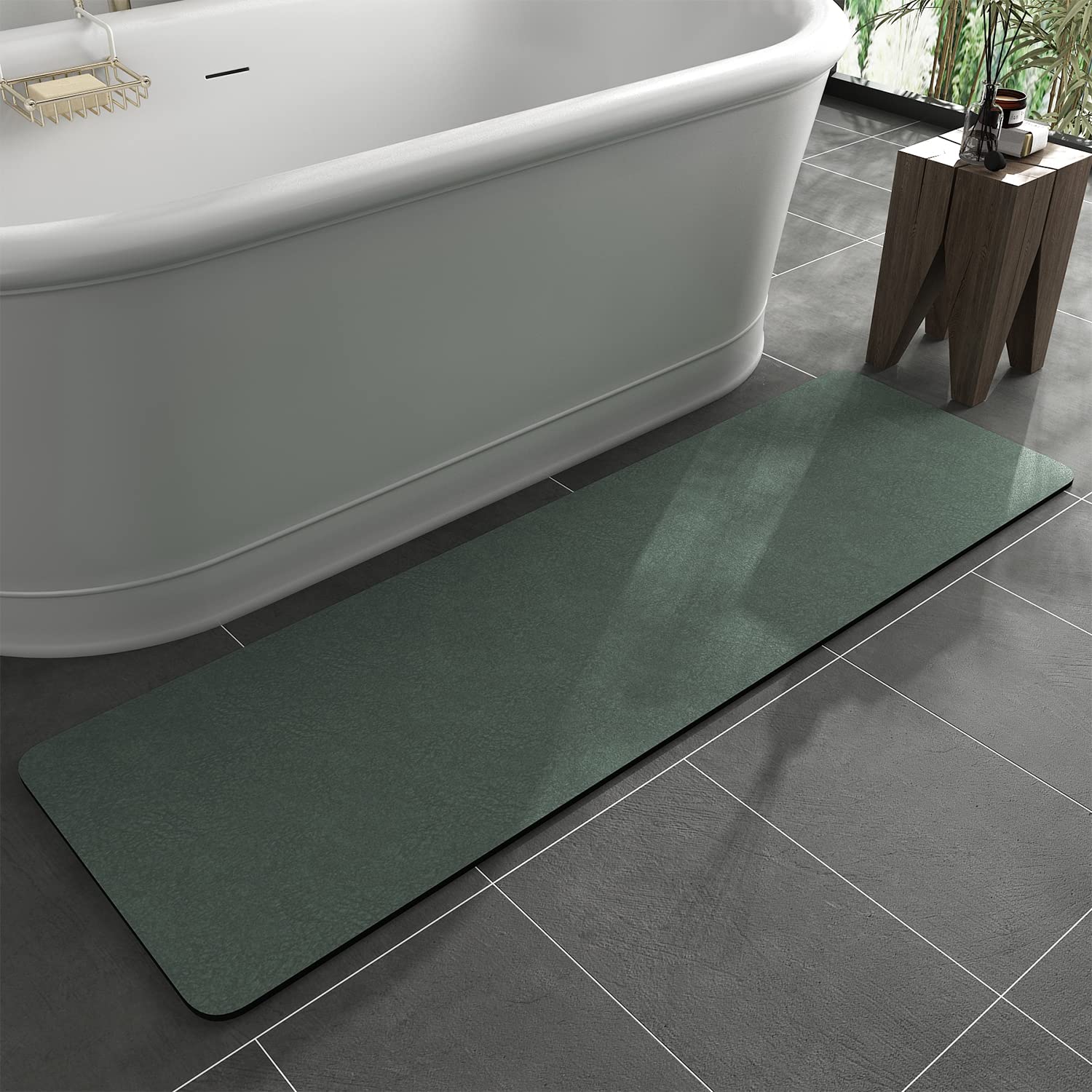 Photo 1 of MontVoo -Bath Mat Rug-Rubber Backing Non Slip Quick Dry Absorbent Thin Bathroom Rugs Fit Under Door-Faux Suede Surface Bathroom Floor Mats-Shower Rug for in Front of Bathtub Shower Green 17"x59"