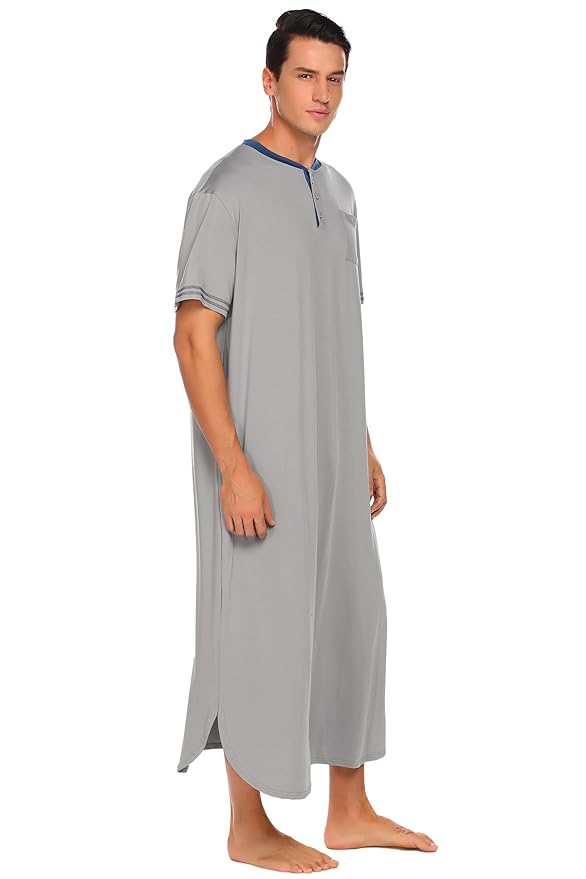 Nachthemd Herren Kurzarm Schlafanzug Knöpfleiste Pyjama Extra Lang Sleepshirt Nachtwäsche Herrennachthem Schwary M-XXXL mit S