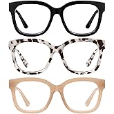 JM Reading Glasses for Women Oprah Style 3 Pack Square Oversized Readers with Spring Hinge Blue Light Blocking Ladies
