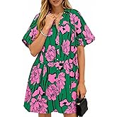 lazvmu Women's Summer Button Down Shirt Dress Floral Puff Short Sleeve Casual Loose Fit Beach Mini Dresses