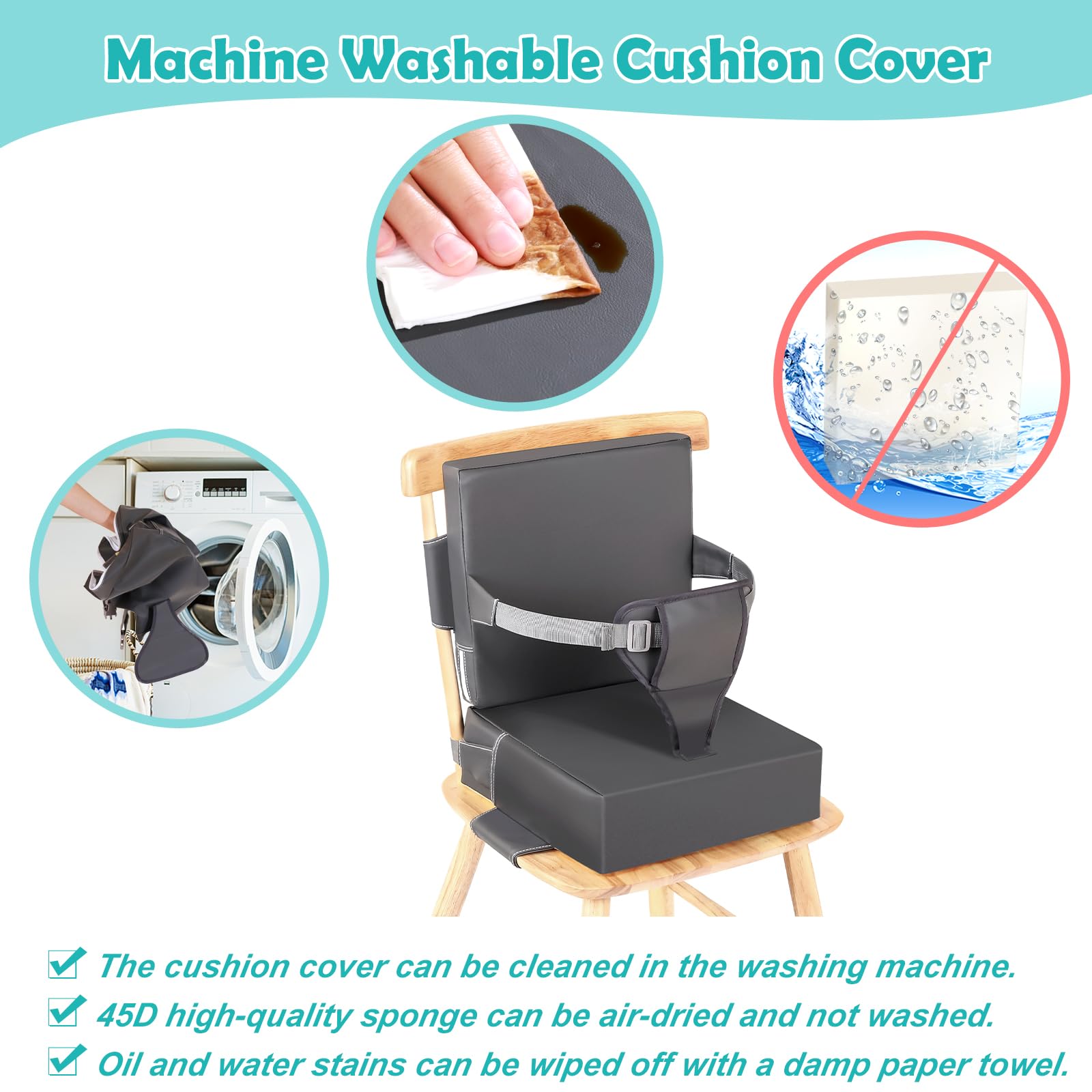 Toddler Booster Seat for Dining Table, PU Waterproof Booster Seat for Dining Table with Backrest and Adjustable Seat Belts Non-Slip Bottom Portable Travel Home Increasing Cushion for Kids Child Baby