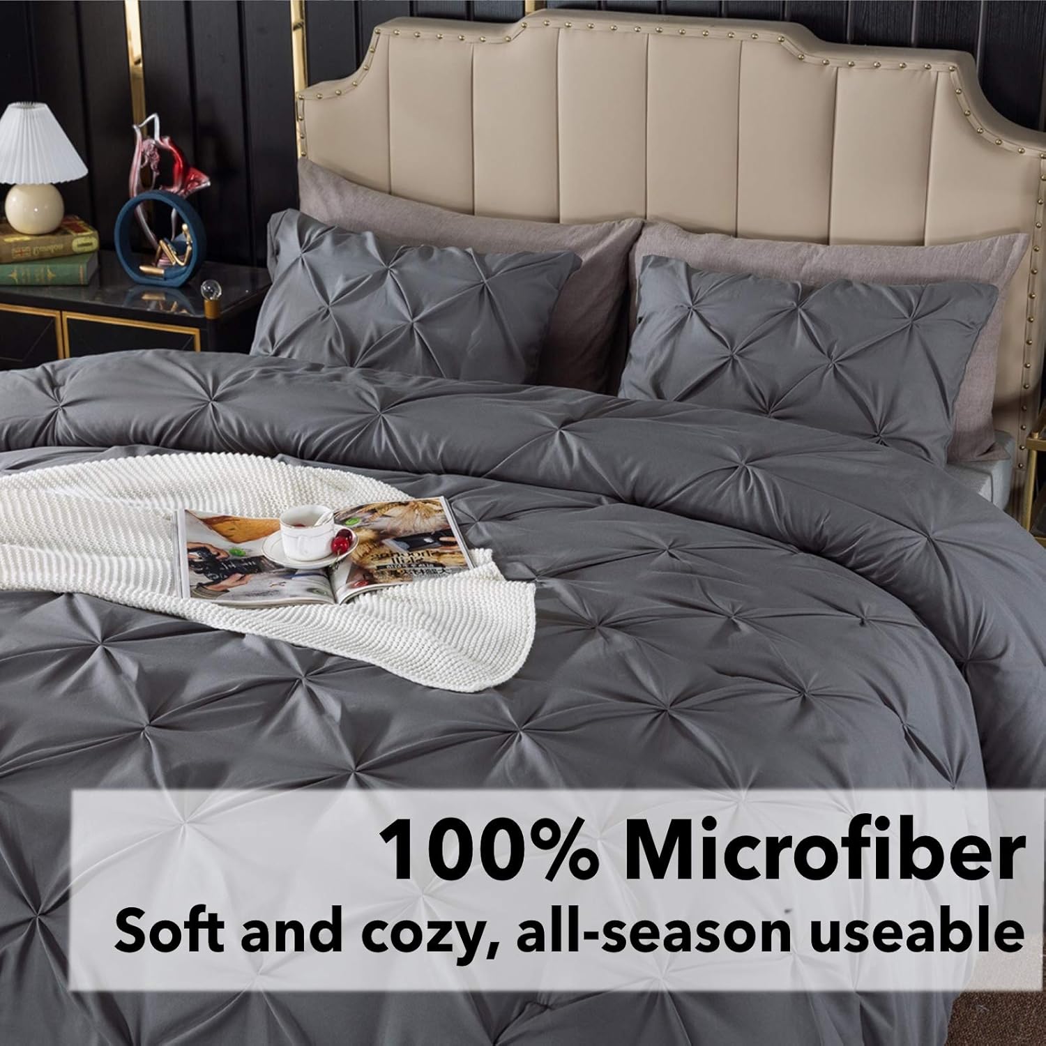 Andency Dark Gray Pinch Pleat Comforter Queen(90x90Inch), 3 Piece(1 Pintuck Comforter and 2 Pillowcases) Grey Pintuck Microfiber Down Alternative Comforter Bedding Set: Kitchen & Dining