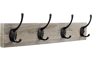 Sageme Wall Mounted Coat Rack, Wooden Entryway Vintage Rustic Coat Rack Hat Hanger Rack Zinc die-cast 4-Hook Rail for The Entryway, Bathroom, Bedroom, Kitchen, Mudroom Pinewood Alloy 4-Hook