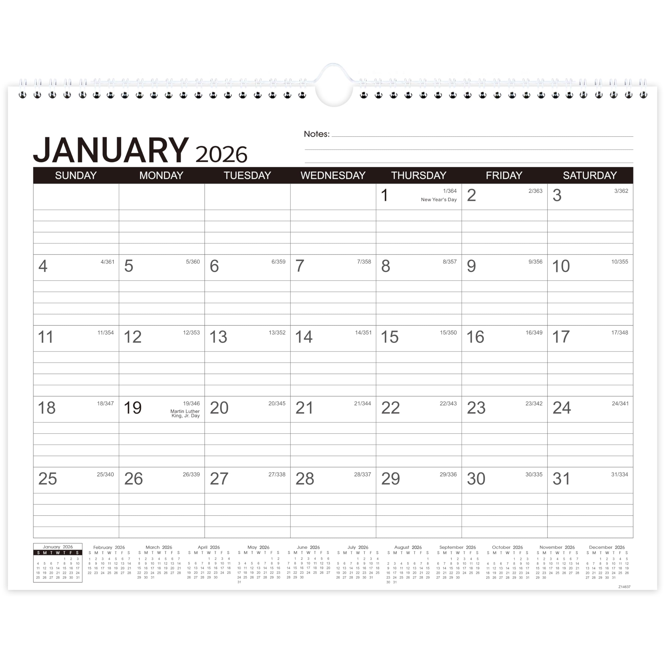 Photo 1 of 2026 Wall Calendar - Desk/Wall Calendar 2026, Jan.2026 - Dec.2026, 11-1/2"x14.68", Ruled Blocks, Spiral Bound, Monthly Calendar