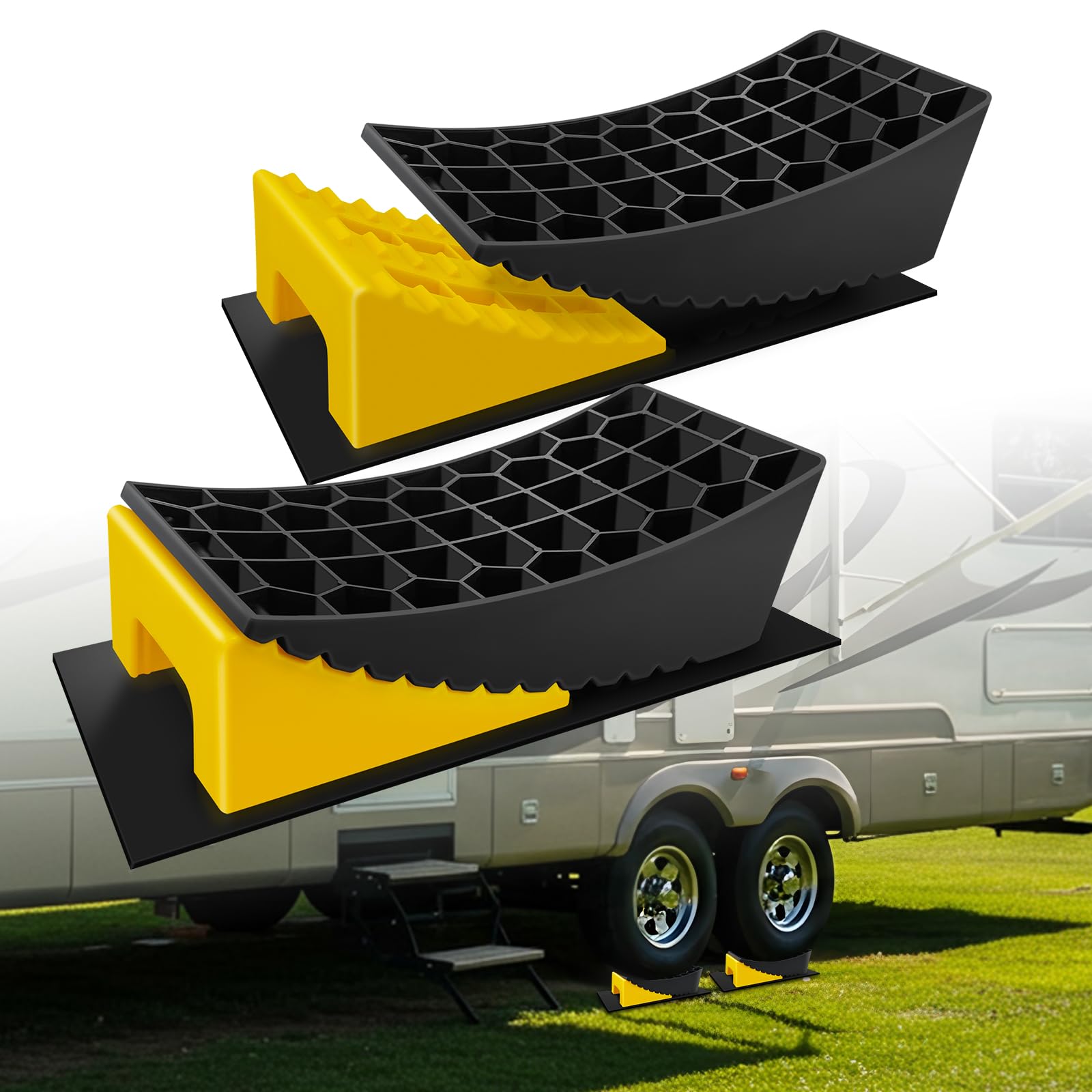 Photo 1 of ROBLOCK RV Leveling Blocks Up to 35000 LBS, Camper Leveling Blocks with Chocks, Anti-Slip Mats, Carry Bag, RV Leveling System for Travel Trailers, 4" Max Leveling Height, 2 Packs, Yellow