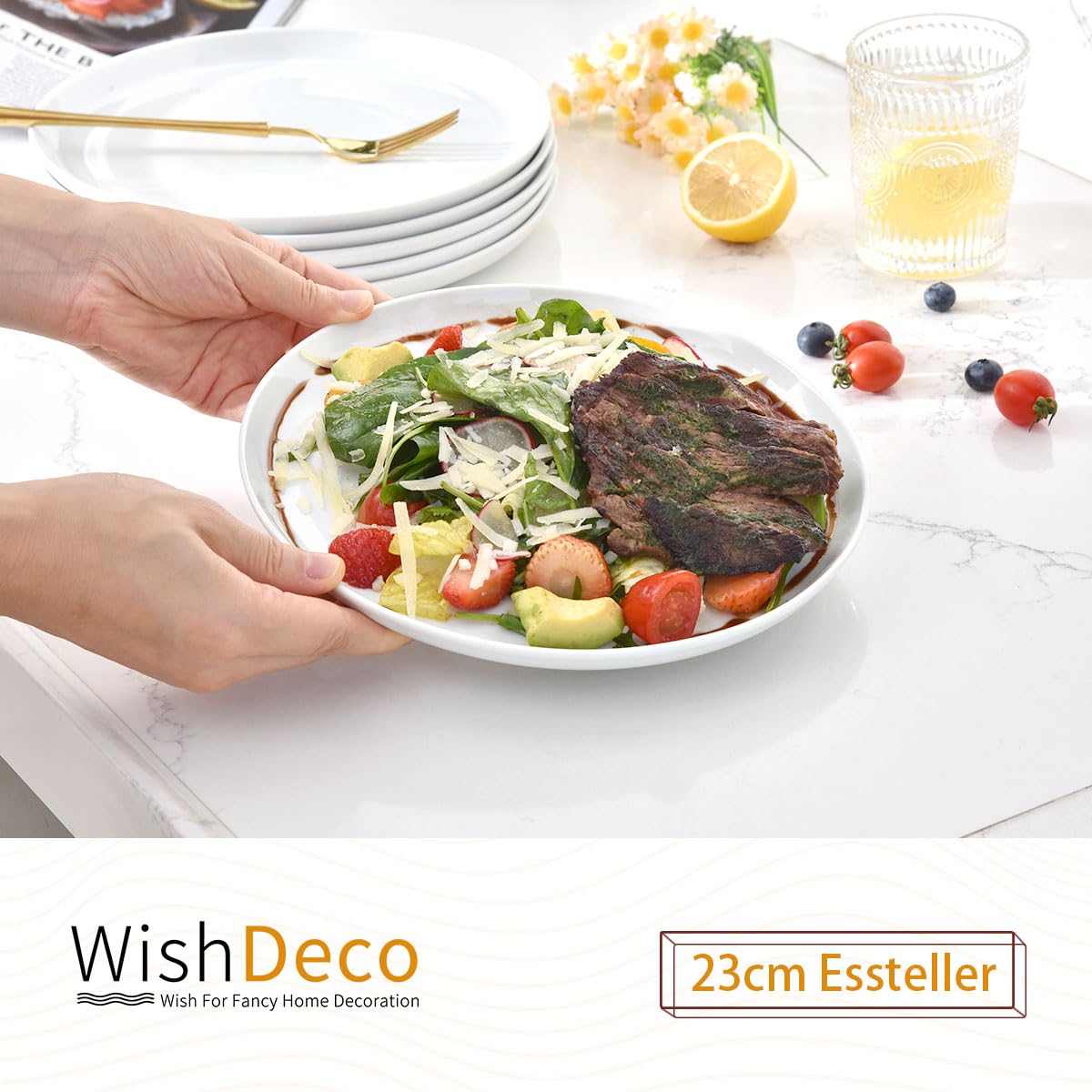 WishDeco Keramik Teller 6er Set, Flache Speiseteller 23cm, Geschirrset Weiß, Porzellan Essteller, Dinner Plate für Salat, Pasta, Pizza 2