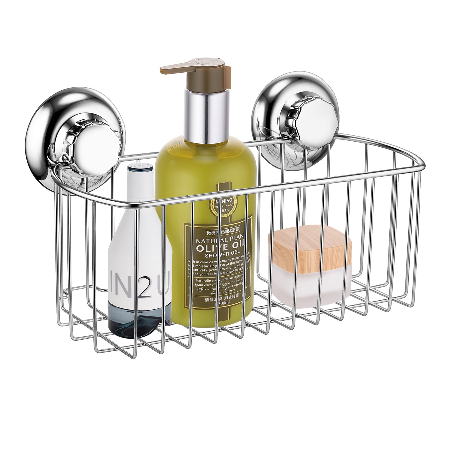 MaxHold No-Drilling/Suction Cup Deep Rectangular Storage Basket - Vaccum System - Stainless Steel Never Rust - for Bathroom & Kitchen