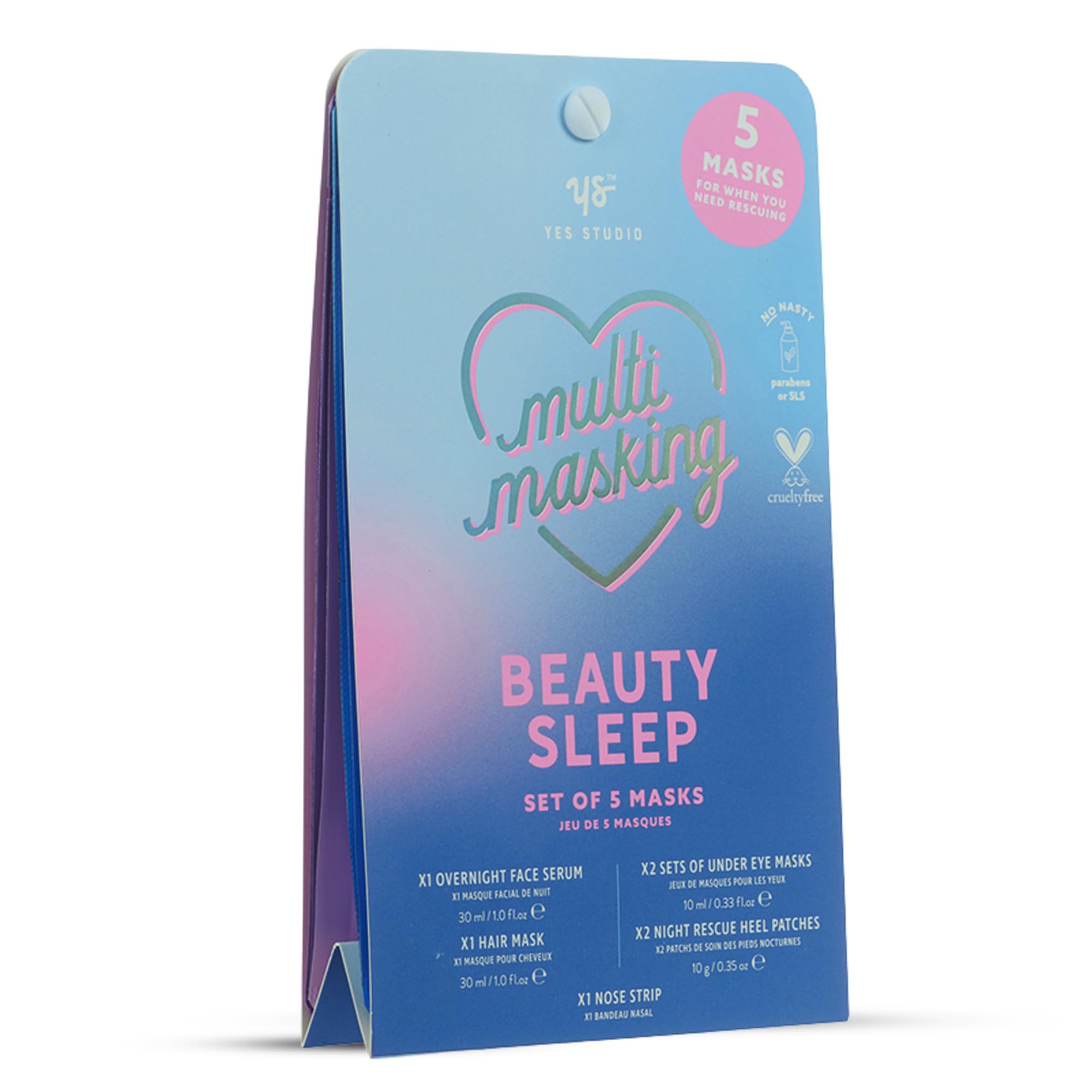 Yes Studio Beauty Sleep Multi-Masking Set, Self Care Gift Set with 1x Face Serum, 2x Under Eyes Mask, 1x Hair Mask, 2x Night Rescue Heel Patches and 1x Nose Strip, At-Home Spa Pamper Kit for Women