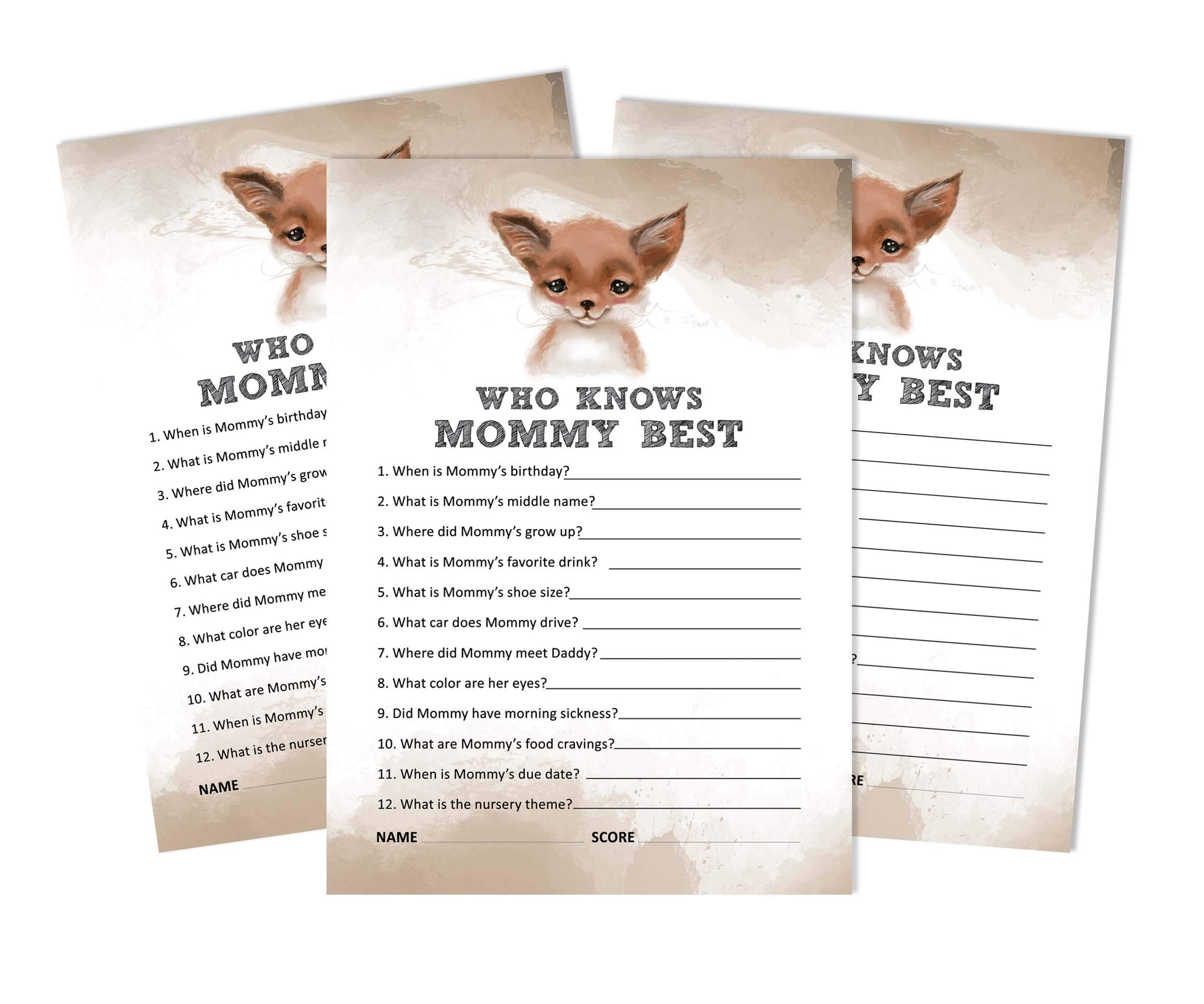 Inkdotpot 50 Pack Who Knows Mommy Best Baby Shower Game Cards Fox Jungle Animals Fun Activity Cards — image 1