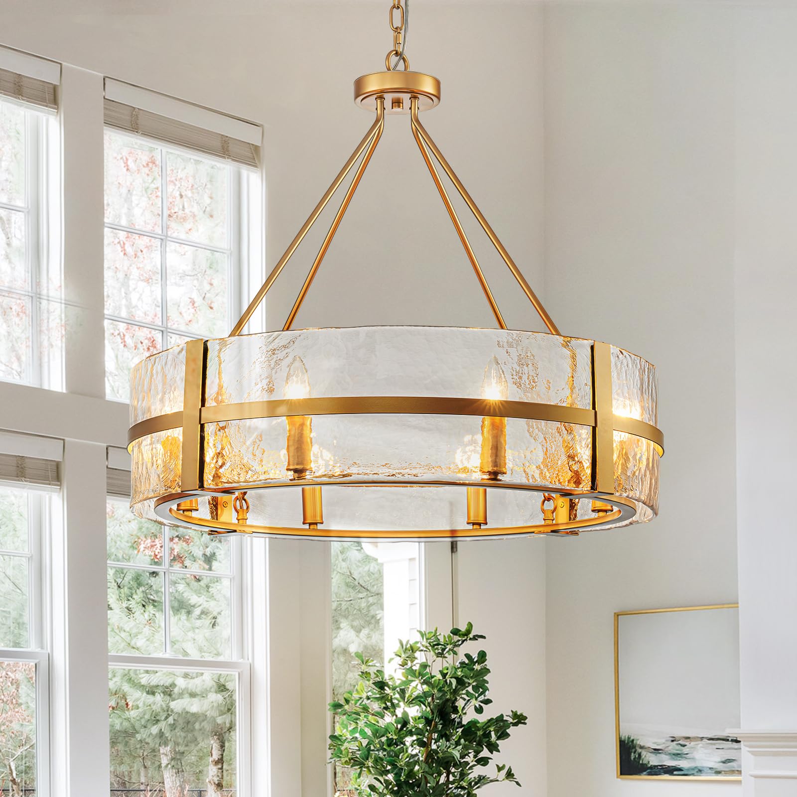 HUOKU Gold Glass Chandelier for Dining Room, 28" Modern Large Glass Drum Chandelier Entryway Light F