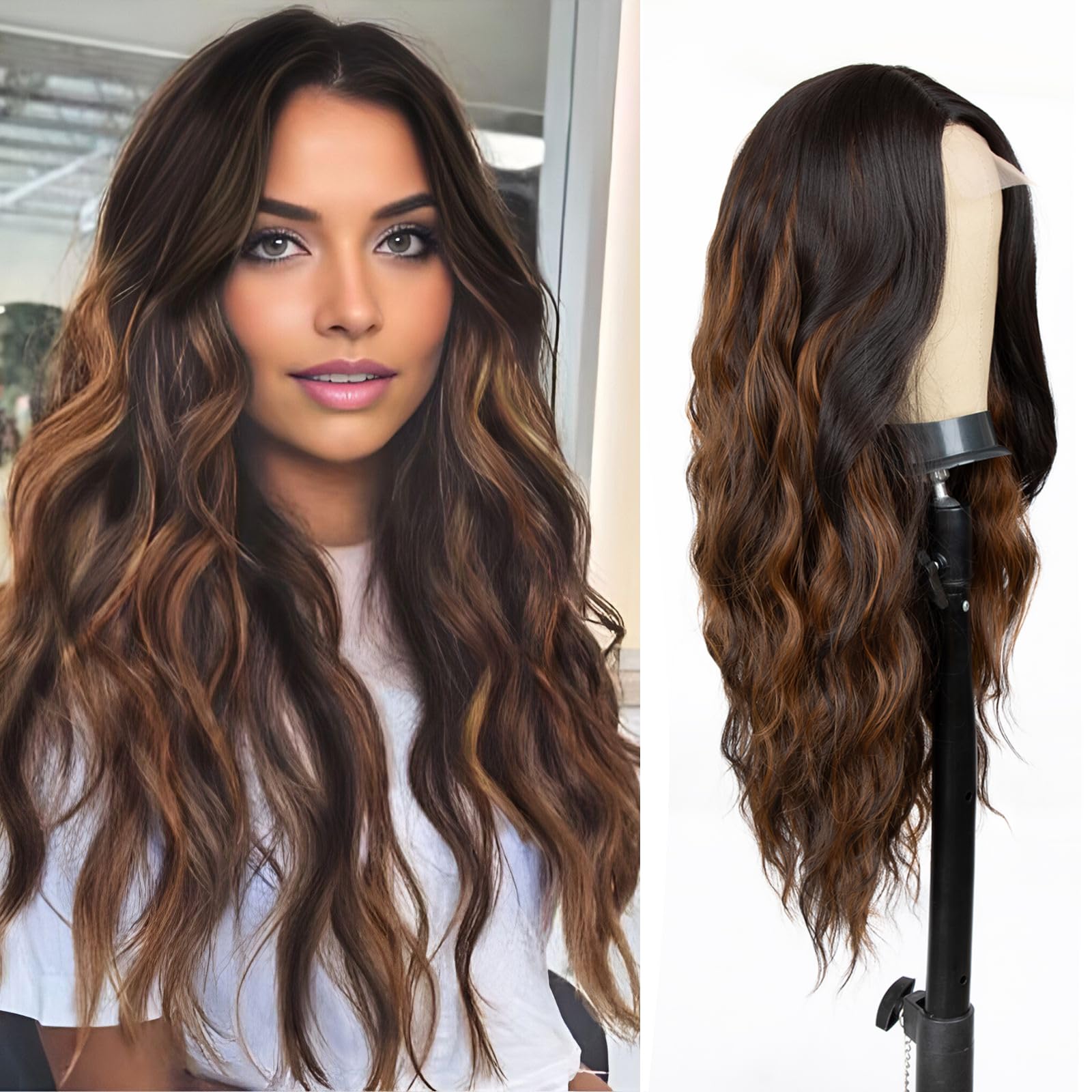 Photo 1 of 26 inch Lace Hairline Brown Mixed Highlight Wigs for Women, Middle Part Long Curly Wig Heat Resistant Synthetic Hair Looking Natural, Fiber Wig for Daily Party Use