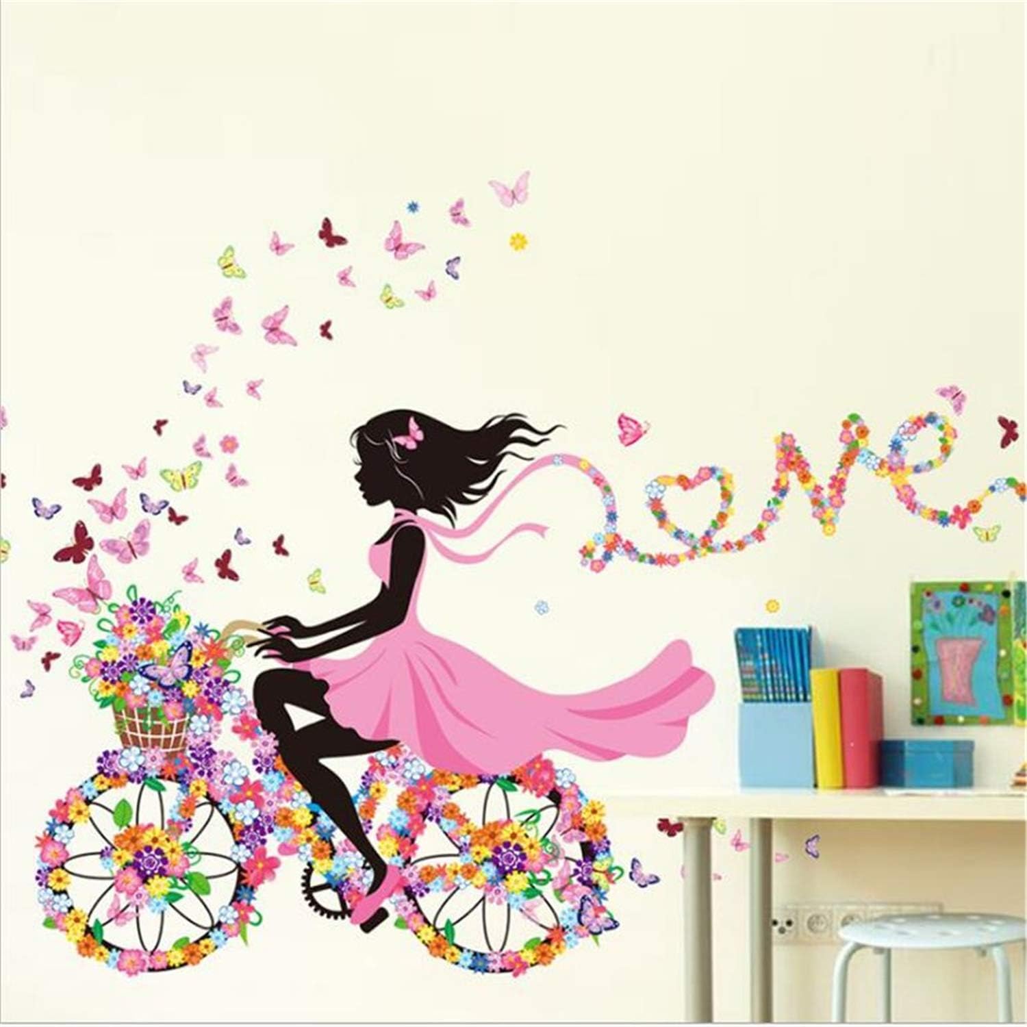 Amtoodopin Fairy Wall Stickers Bicycle Elf Girl Princess Wall Decals Window Film Butterfly Flowers Dancing Girls Angel Wings Wall Decor DIY for Windows Bedroom Living Room Decoration