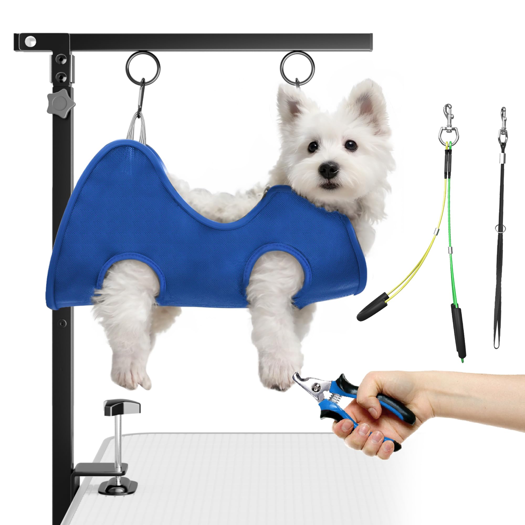 Photo 1 of Foldable Dog Grooming Arm with Clamp: Adjustable Height 26"-40", Dog Grooming Table Arm with Hammock and No-Sit Holder, Grooming Restraint for Small Medium Dogs at Home or Salon