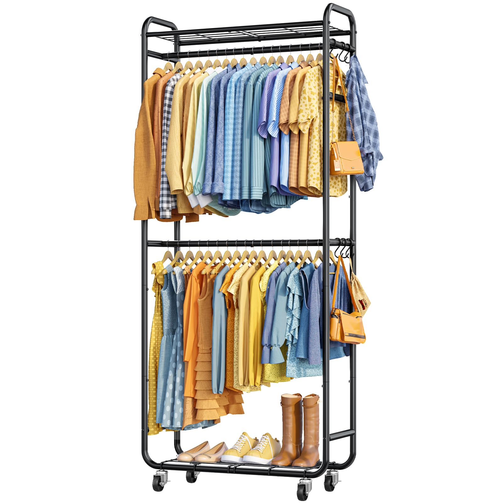 Photo 1 of Sakugi Clothes Rack - Rust-Proof Clothing Rack with Shelves, Hangers, Removable Hooks, Anti-Tip Wardrobe Closet with Lockable Wheels & Wall Anchor for Entryways, Bedroom, 33.0" x 12.6" x 78.7", Black