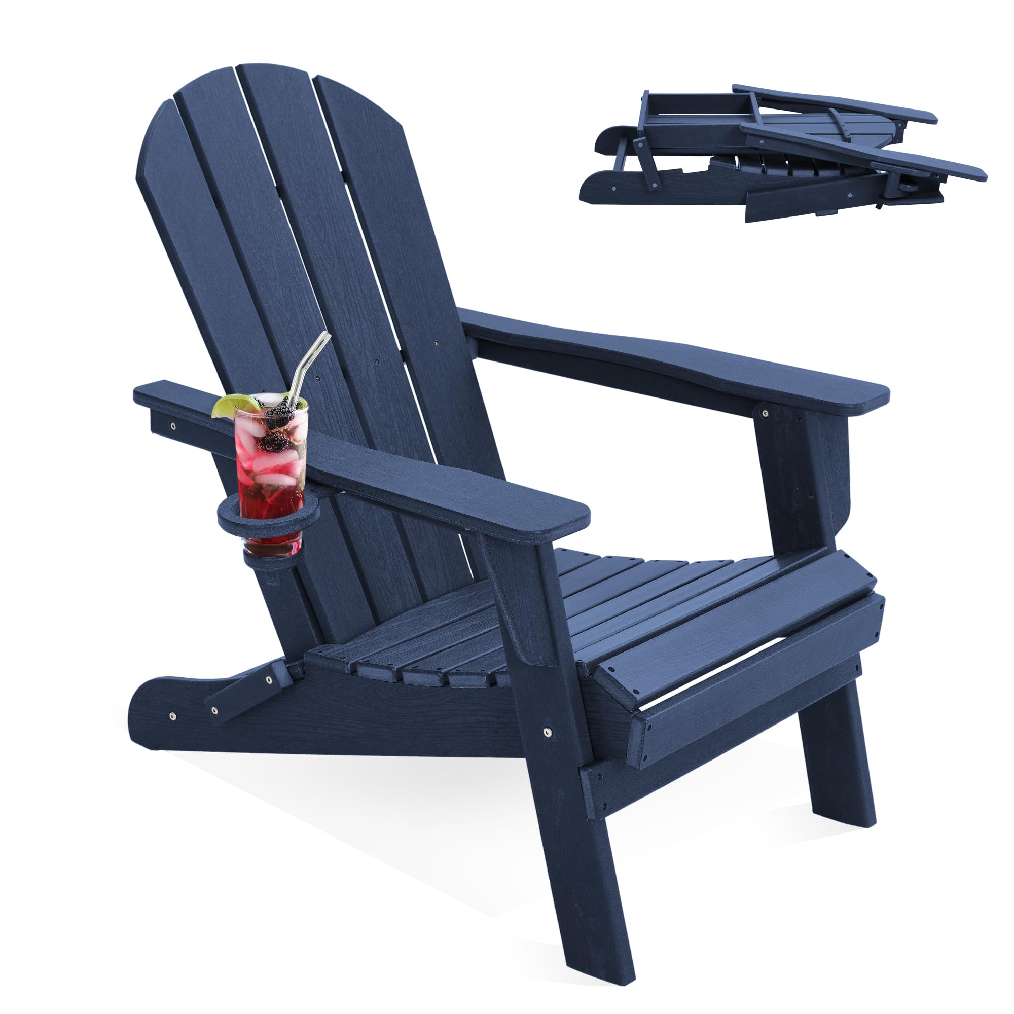 Photo 1 of *** MISSING HARDWARE **** LOUNZY Folding Adirondack Chair, HDPE All-Weather Folding Patio Chair Chair with Cup Holders, Outdoor Patio Adirondack Chair for Deck Lawn Fire Pit, Navy