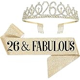 UVATAHONA 26th Birthday Sash and Tiara for Women, 26 & Fabulous Birthday Sash and Crown for Party Favors Supplies and Decorations, Gold