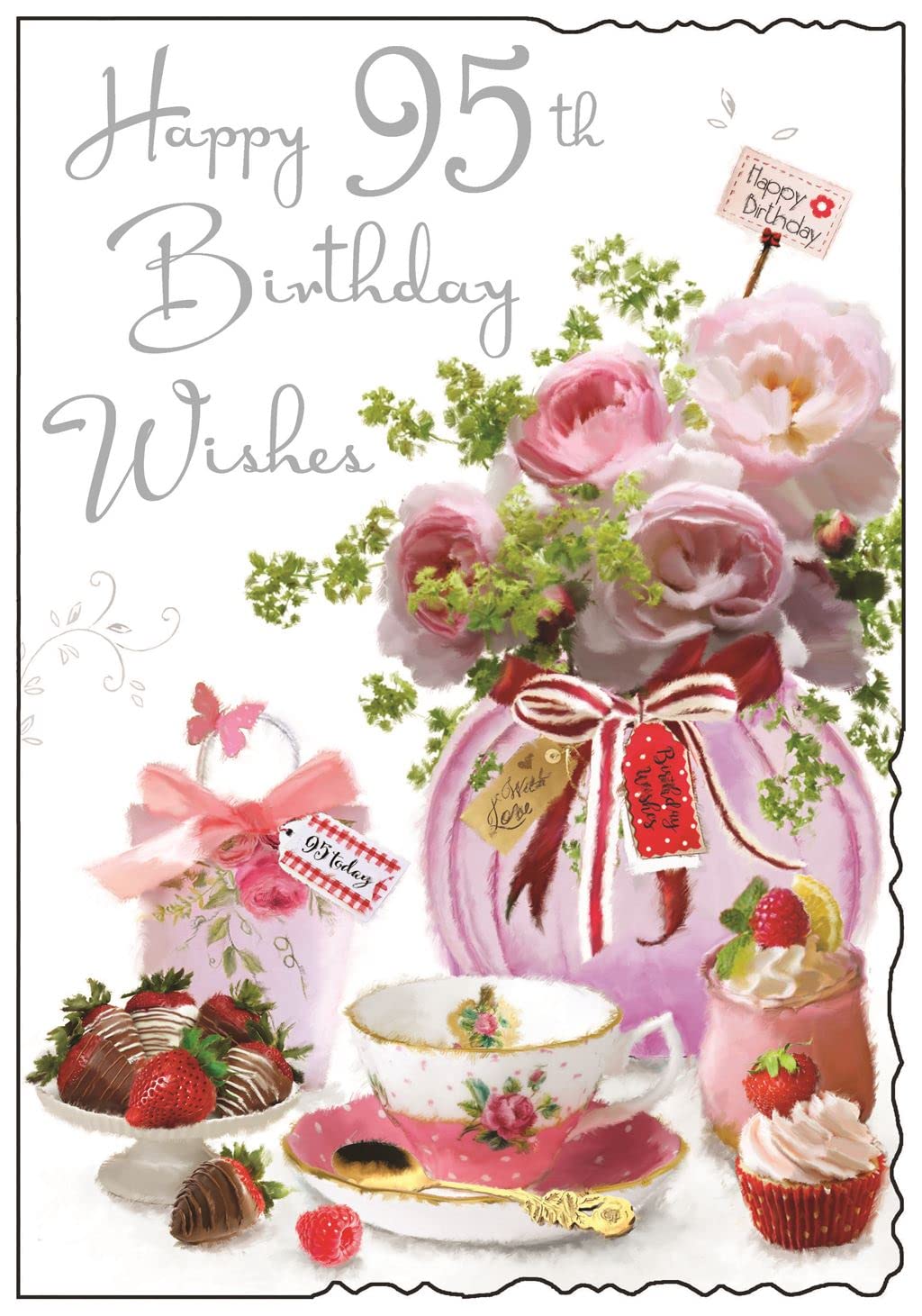 95th Birthday Card - Roses, Teacup & Chocolate Dipped Strawberries