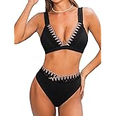 CUPSHE Women's Bikini Sets Two Piece Swimsuit High Waisted Deep V Neck Stitching Wide Adjustable Straps Back Hook