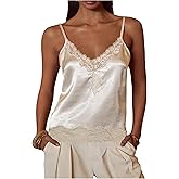 MakeMeChic Women's Satin Lace Camisole Top V Neck Sleeveless Going Out Party Tank Tops