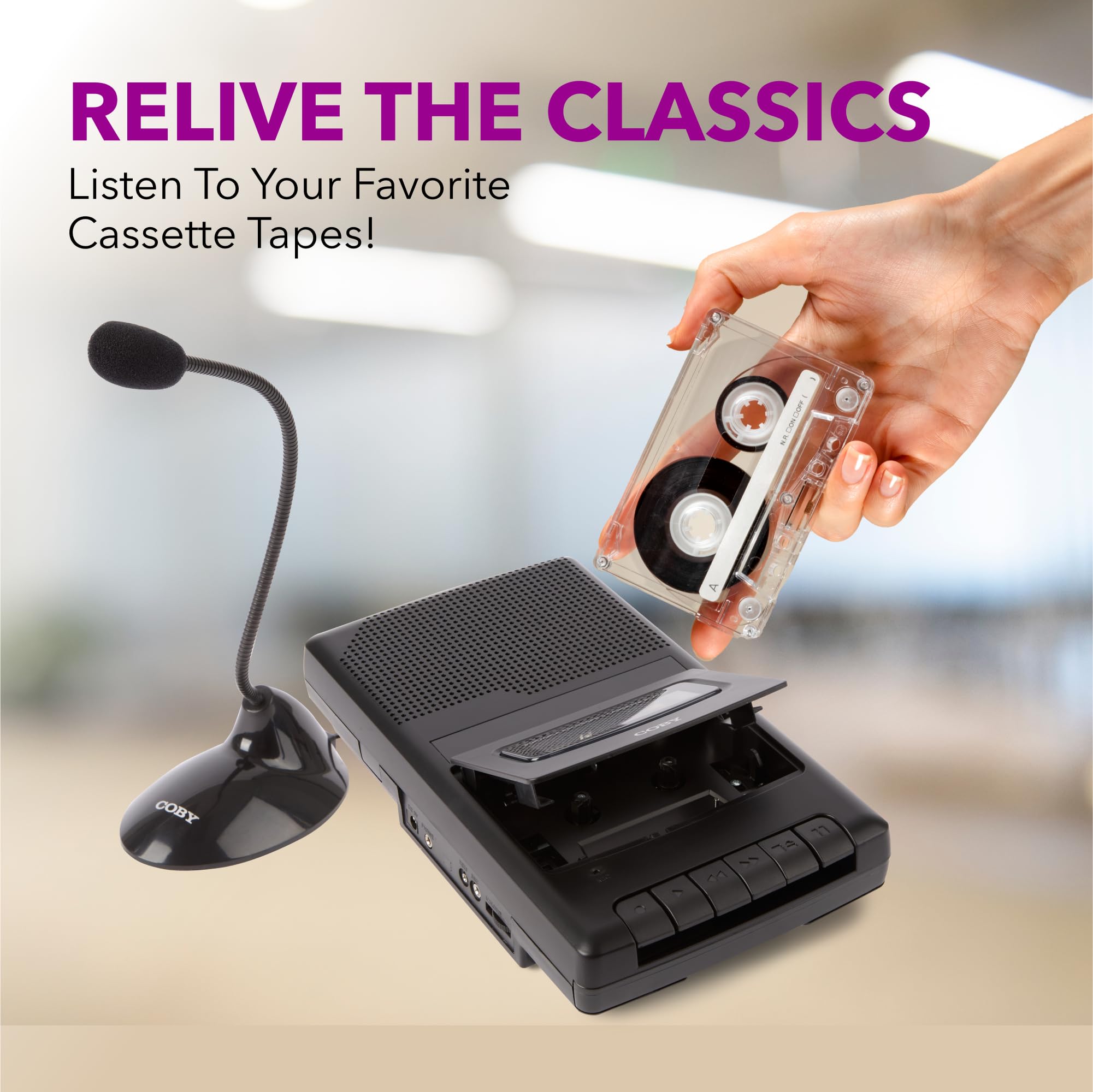 Coby Portable Cassette-Tape Player and One-Touch Recorder Bundle with External Boom Mic, One-Touch Recording, Auto-Stop Feature, and Built-in Handle, Retro Battery-Operated Design, 2 Items Total